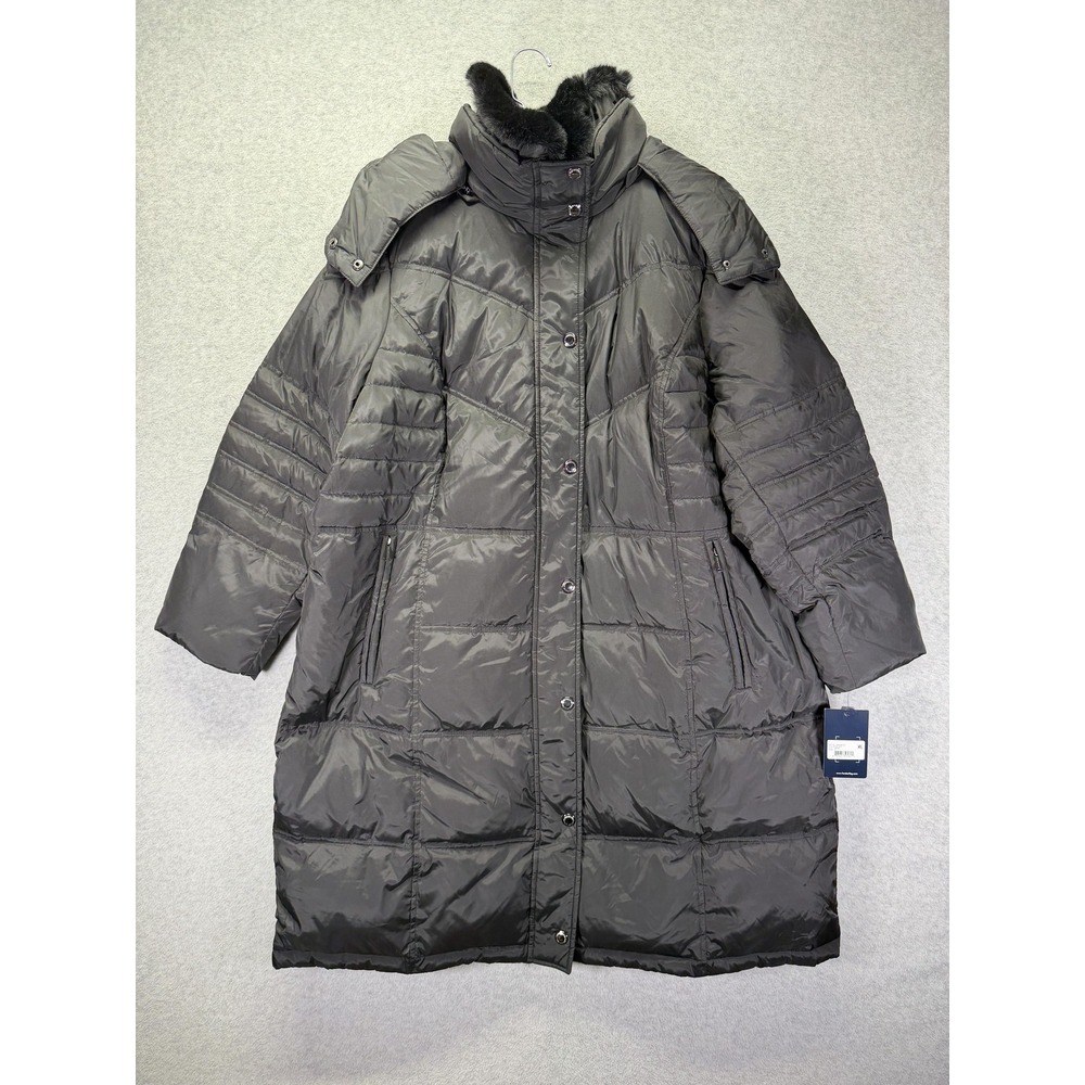 London Fog Coat Womens 2X Black Hooded Down Puffer Faux Fur Collar L860638L93
